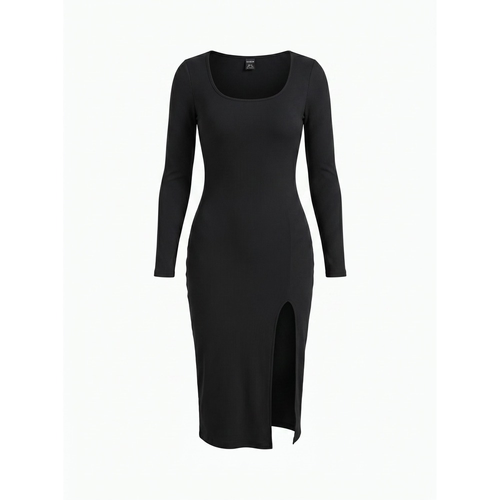 SHEIN Black Ribbed Long Sleeve Scoop Neck Side Slit Midi Bodycon Dress Small